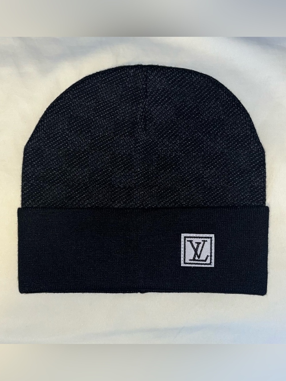 Louis Vuitton Hat Soft Black Checkered Knit Beanie Cap LV Logo Patch NWOT
